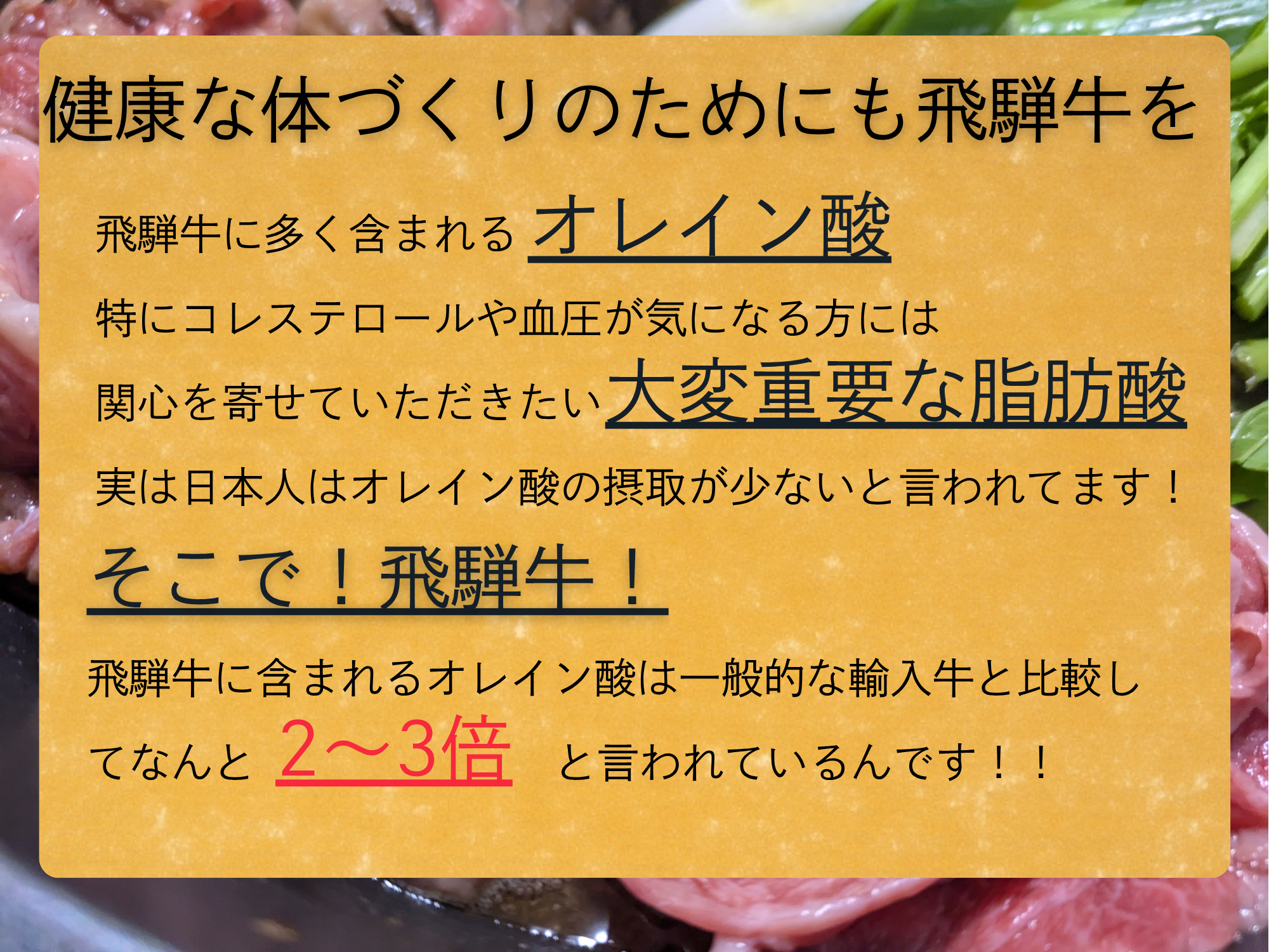 健康な体づくりのためにも飛騨牛を	 飛騨牛に多く含まれる	オレイン酸 健康な体づくりのために、特にコレステロールや血圧が気になる方には関心を寄せていただきたい	大変重要な脂肪酸