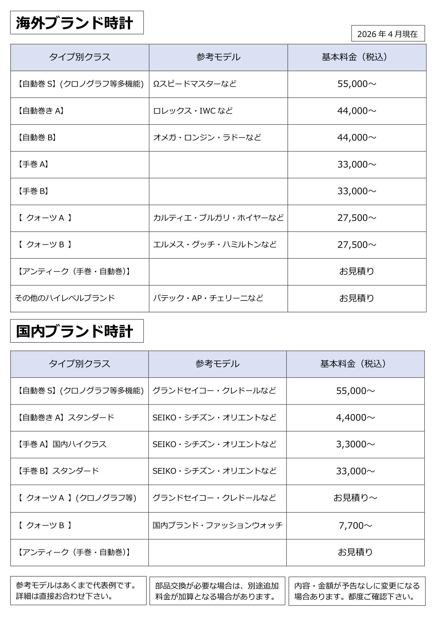 札幌時計のまつむら修理料金