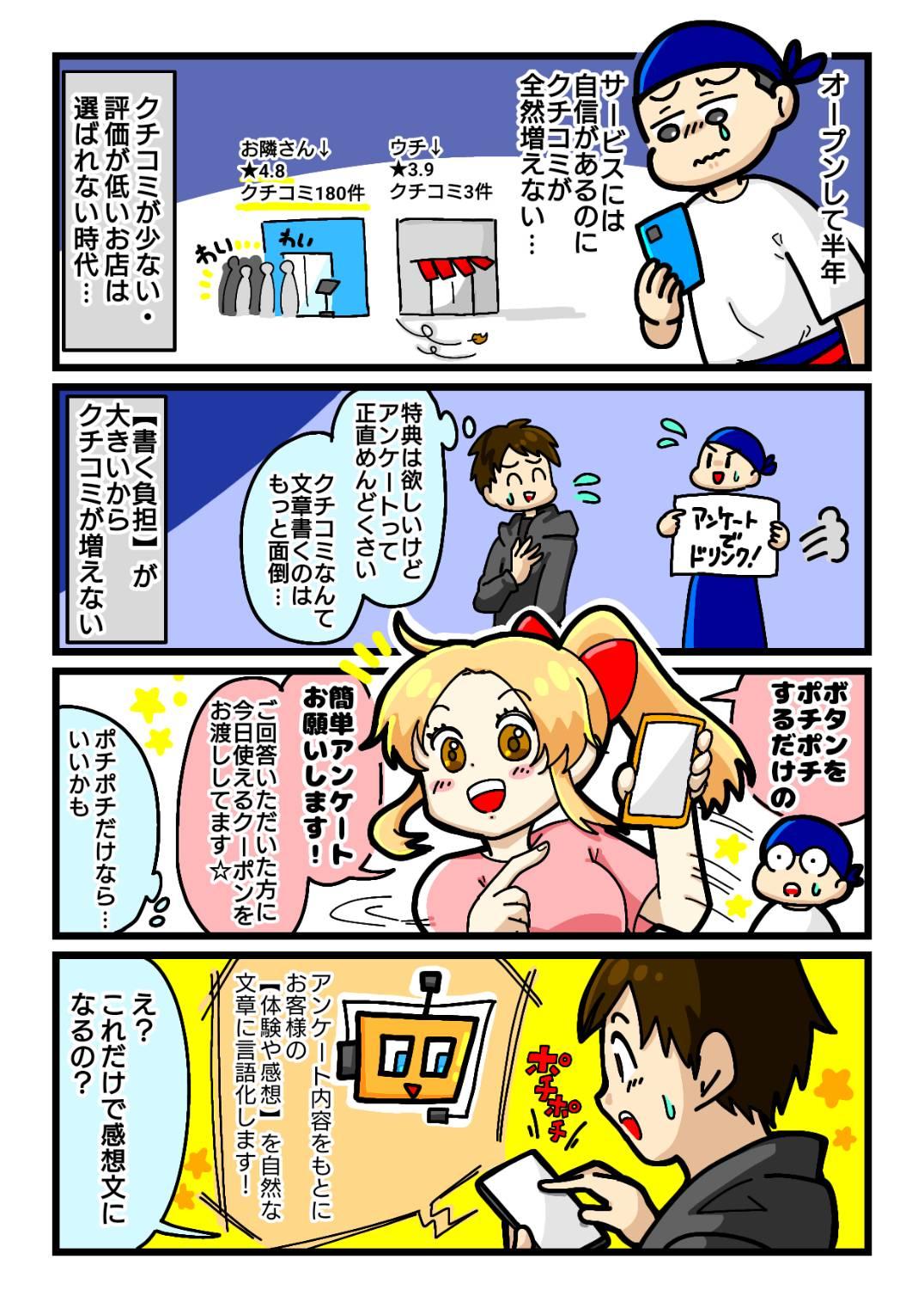 飲食店の集客悩み漫画「クチコミ不足の解決策」。味が良くてもクチコミが少ないお店必見。お客様が面倒に感じる文章作成をボタン一つで支援し、投稿率を劇的に改善するアンケートシステム。