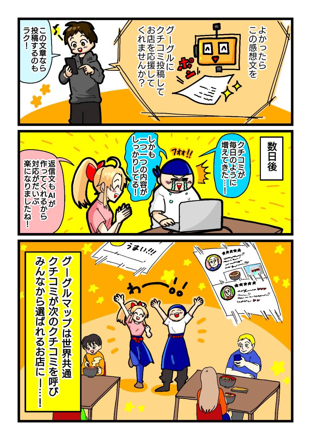 飲食店の集客成功漫画「繁盛店への道」。AIが生成した自然な文章でGoogleマップのクチコミが急増。返信作業もAIにお任せで、スタッフの手を煩わせずに集客とファン作りを自動化する様子。