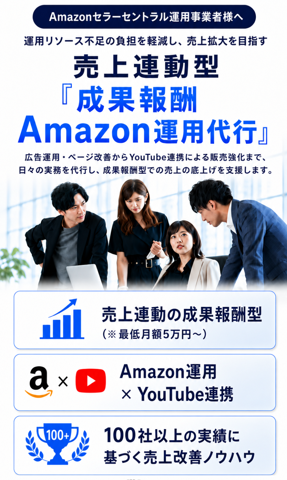 売上連動型『成果報酬 Amazon運用代行』デジタルスタート合同会社。広告運用・SEO・ページ改善からYouTube連携まで一括対応。100社以上の実績に基づく売上改善ノウハウ。