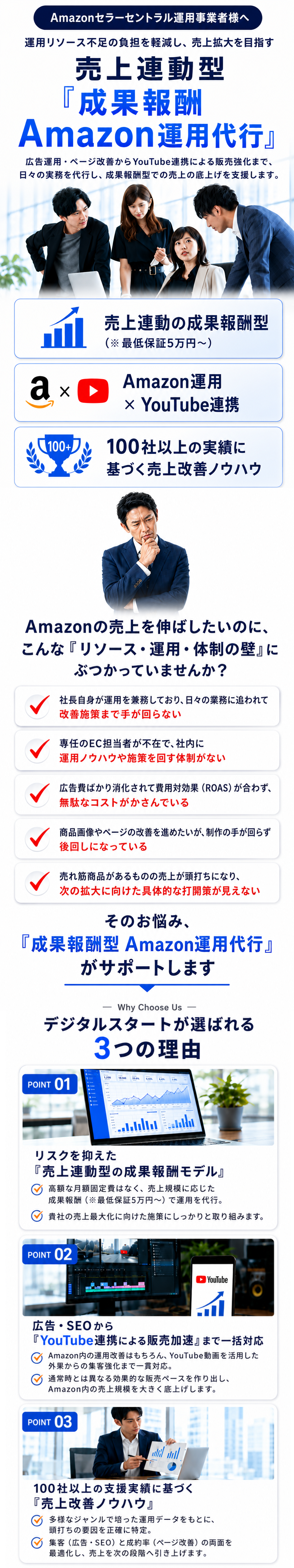 売上連動型『成果報酬 Amazon運用代行』デジタルスタート合同会社。広告運用・SEO・ページ改善からYouTube連携まで一括対応。100社以上の実績に基づく売上改善ノウハウ。
