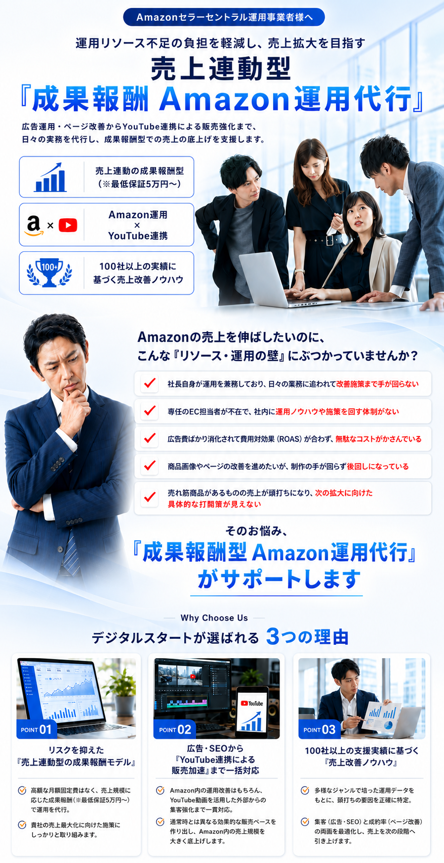 売上連動型『成果報酬 Amazon運用代行』デジタルスタート合同会社。広告運用・SEO・ページ改善からYouTube連携まで一括対応。100社以上の実績に基づく売上改善ノウハウ。