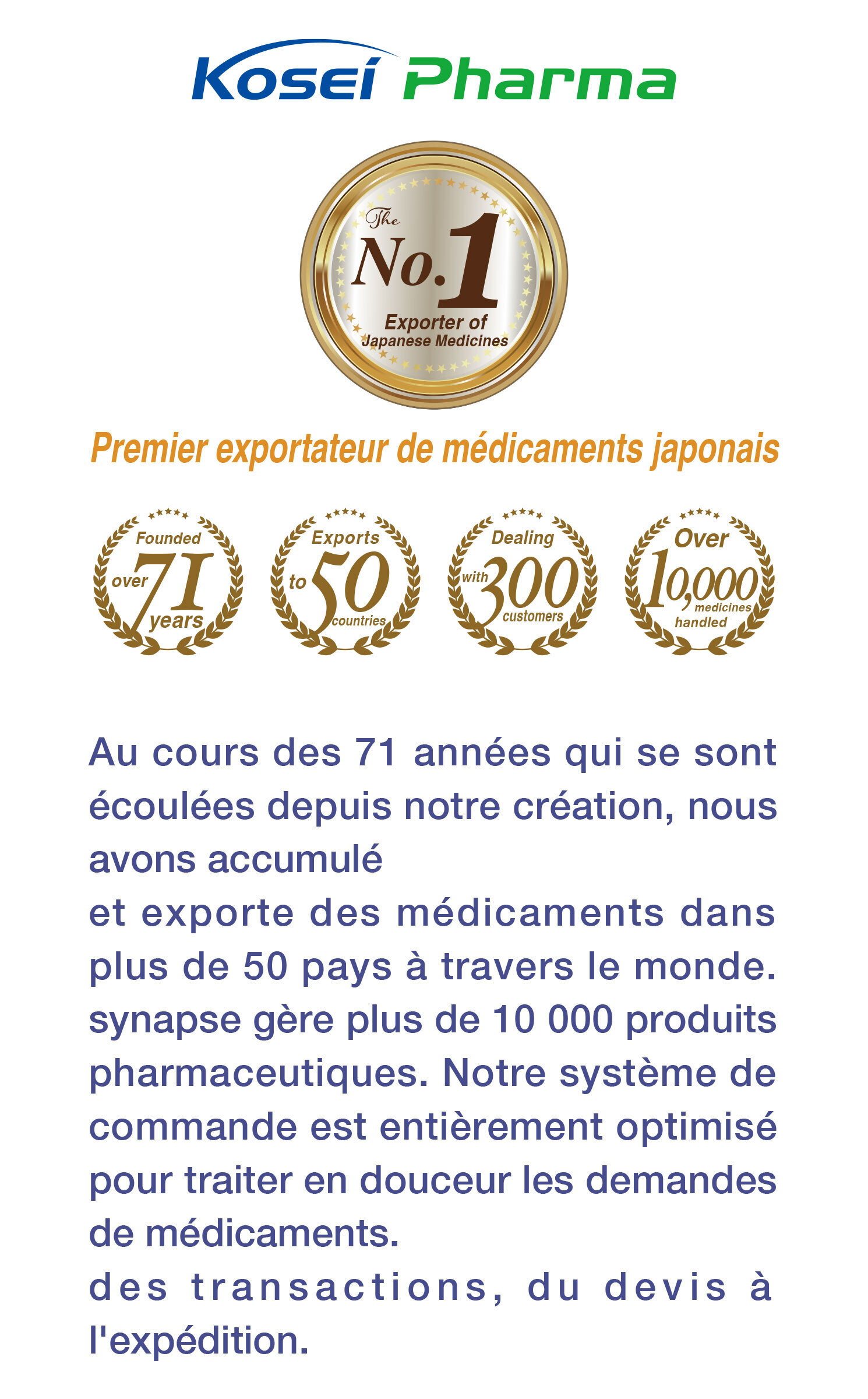 No.1 Exporter of Japanese Medicines.  In the 71 years since our establishment, we have accumulated and exported medicine to over 50 countries around the world. synapse handles more than 10,000 pharmaceutical products. Our ordering system is fully optimized to process smooth transactions, from quotation to shipping.