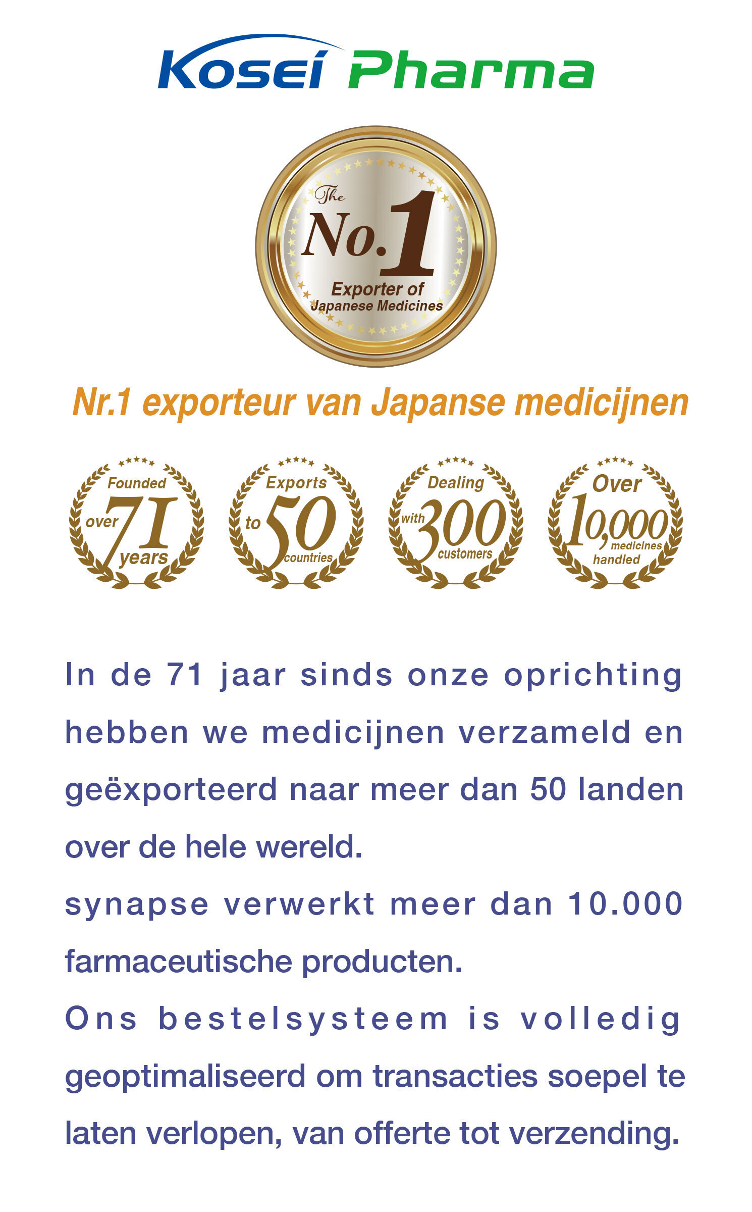 No.1 Exporter of Japanese Medicines.  In the 71 years since our establishment, we have accumulated and exported medicine to over 50 countries around the world. synapse handles more than 10,000 pharmaceutical products. Our ordering system is fully optimized to process smooth transactions, from quotation to shipping.
