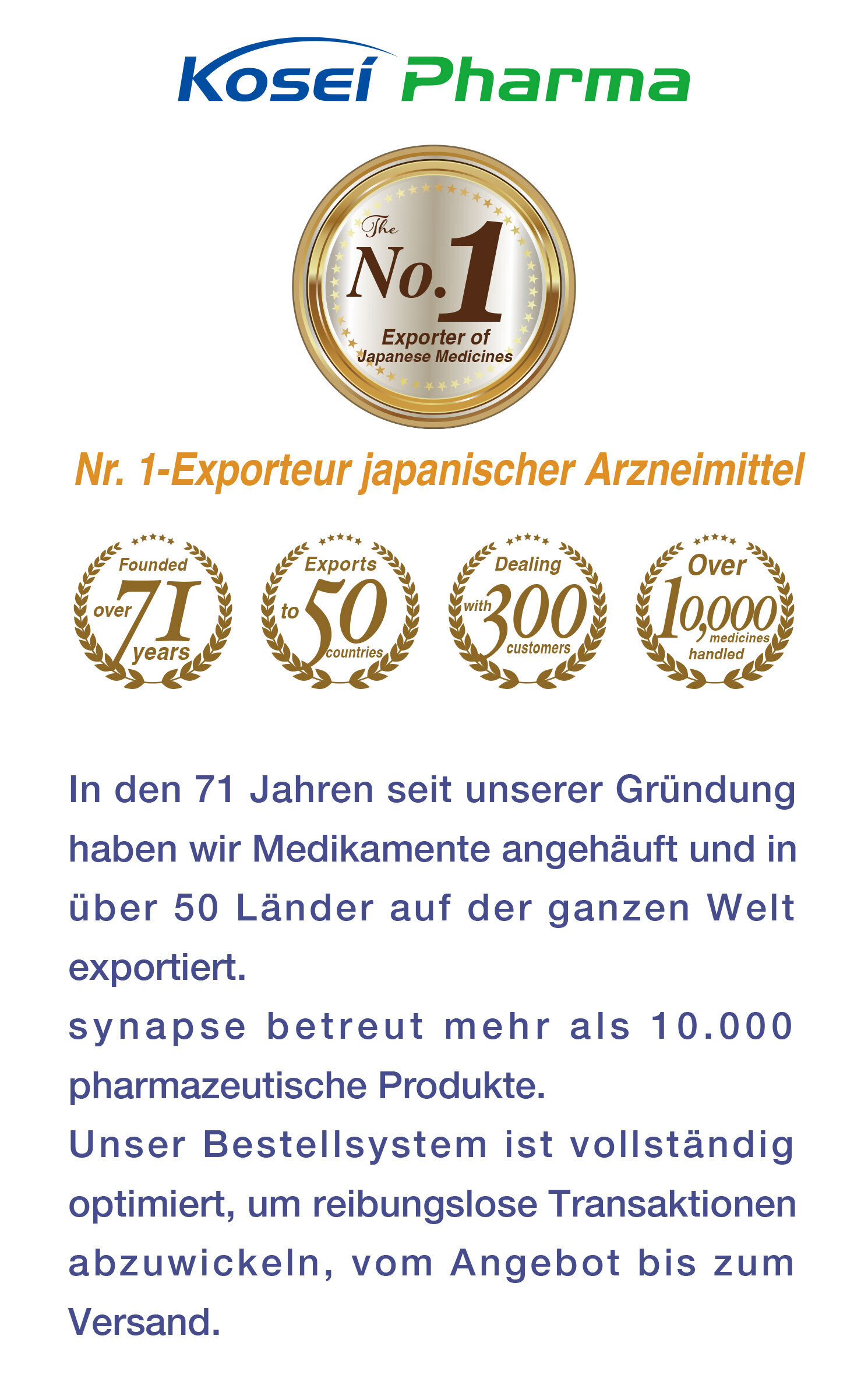No.1 Exporter of Japanese Medicines.  In the 71 years since our establishment, we have accumulated and exported medicine to over 50 countries around the world. synapse handles more than 10,000 pharmaceutical products. Our ordering system is fully optimized to process smooth transactions, from quotation to shipping.