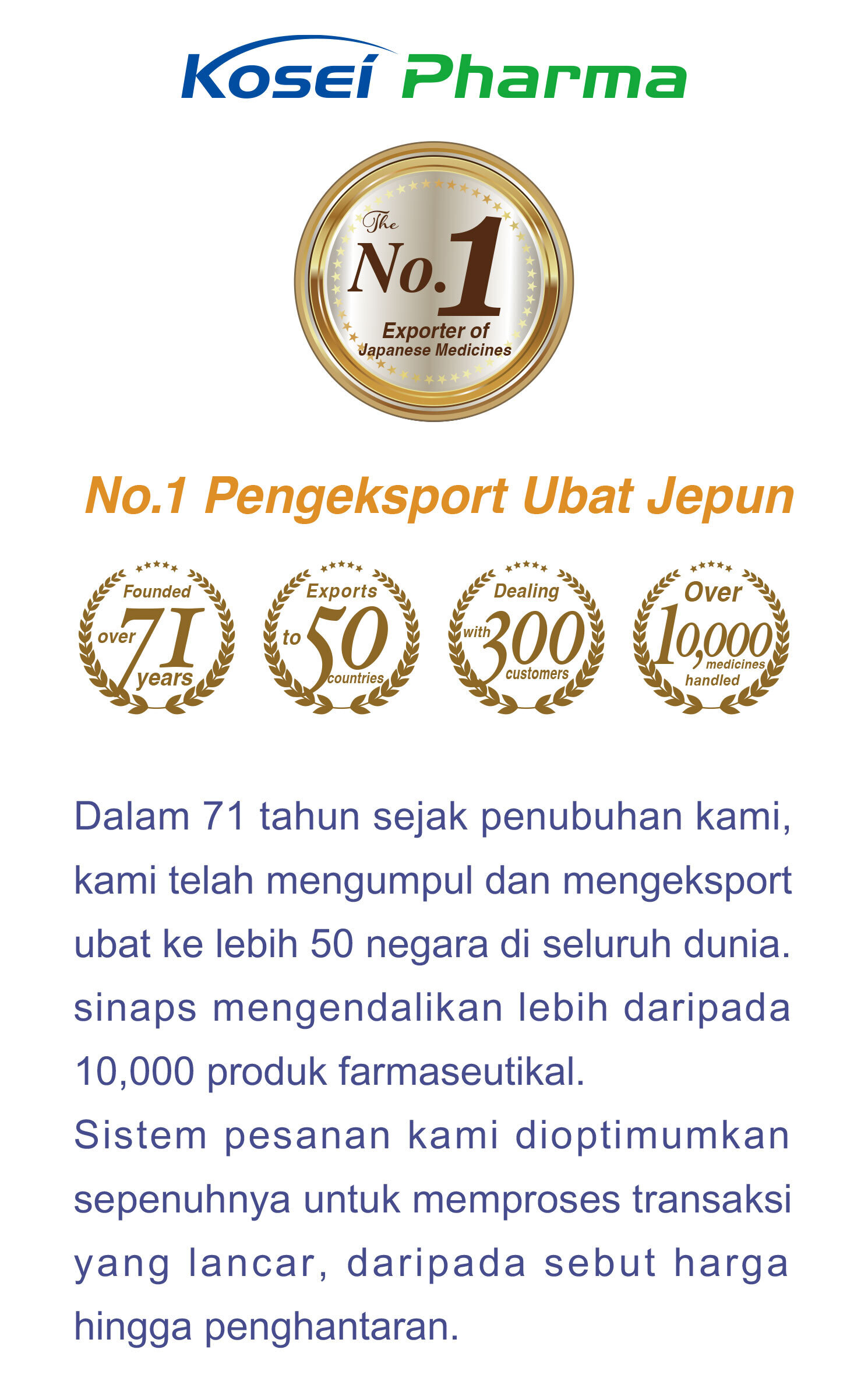 No.1 Exporter of Japanese Medicines.  In the 71 years since our establishment, we have accumulated and exported medicine to over 50 countries around the world. synapse handles more than 10,000 pharmaceutical products. Our ordering system is fully optimized to process smooth transactions, from quotation to shipping.
