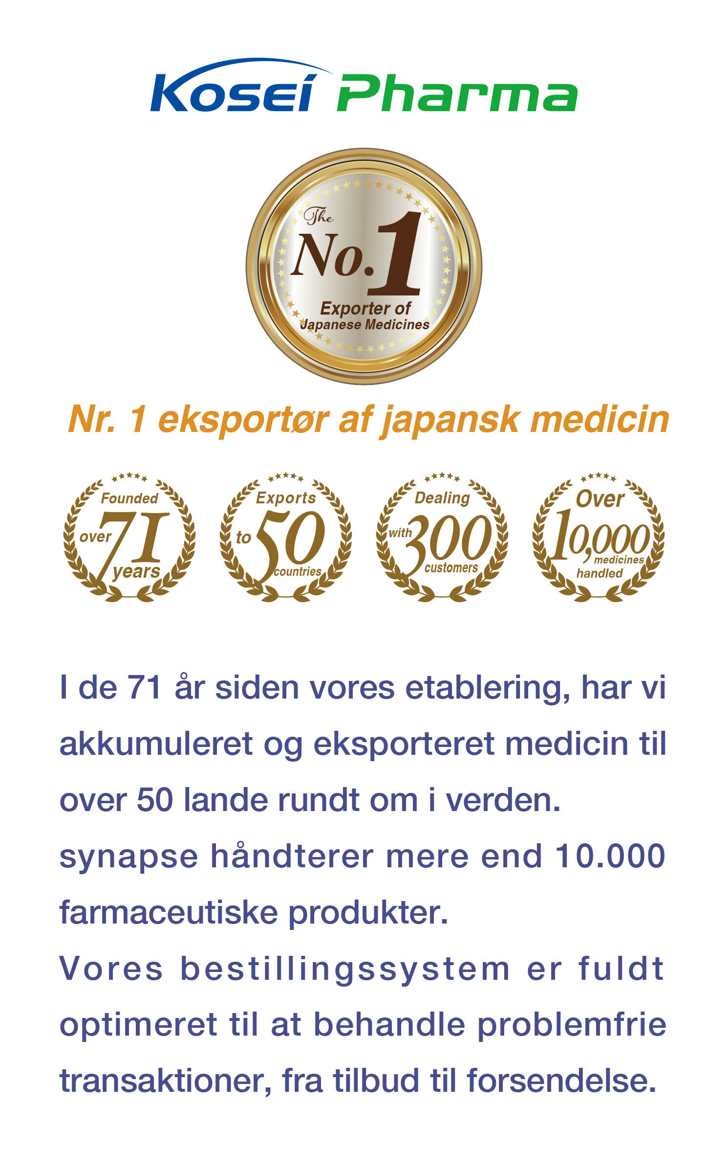 No.1 Exporter of Japanese Medicines.  In the 71 years since our establishment, we have accumulated and exported medicine to over 50 countries around the world. synapse handles more than 10,000 pharmaceutical products. Our ordering system is fully optimized to process smooth transactions, from quotation to shipping.