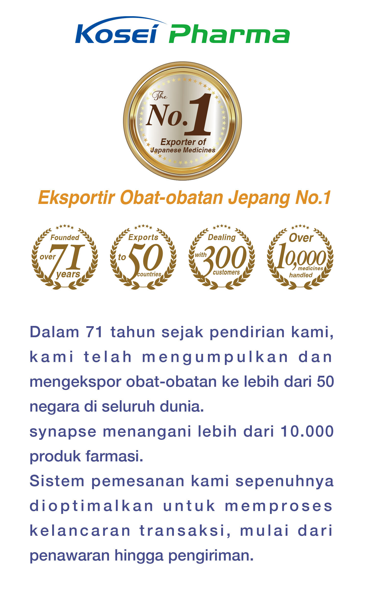 No.1 Exporter of Japanese Medicines.  In the 71 years since our establishment, we have accumulated and exported medicine to over 50 countries around the world. synapse handles more than 10,000 pharmaceutical products. Our ordering system is fully optimized to process smooth transactions, from quotation to shipping.