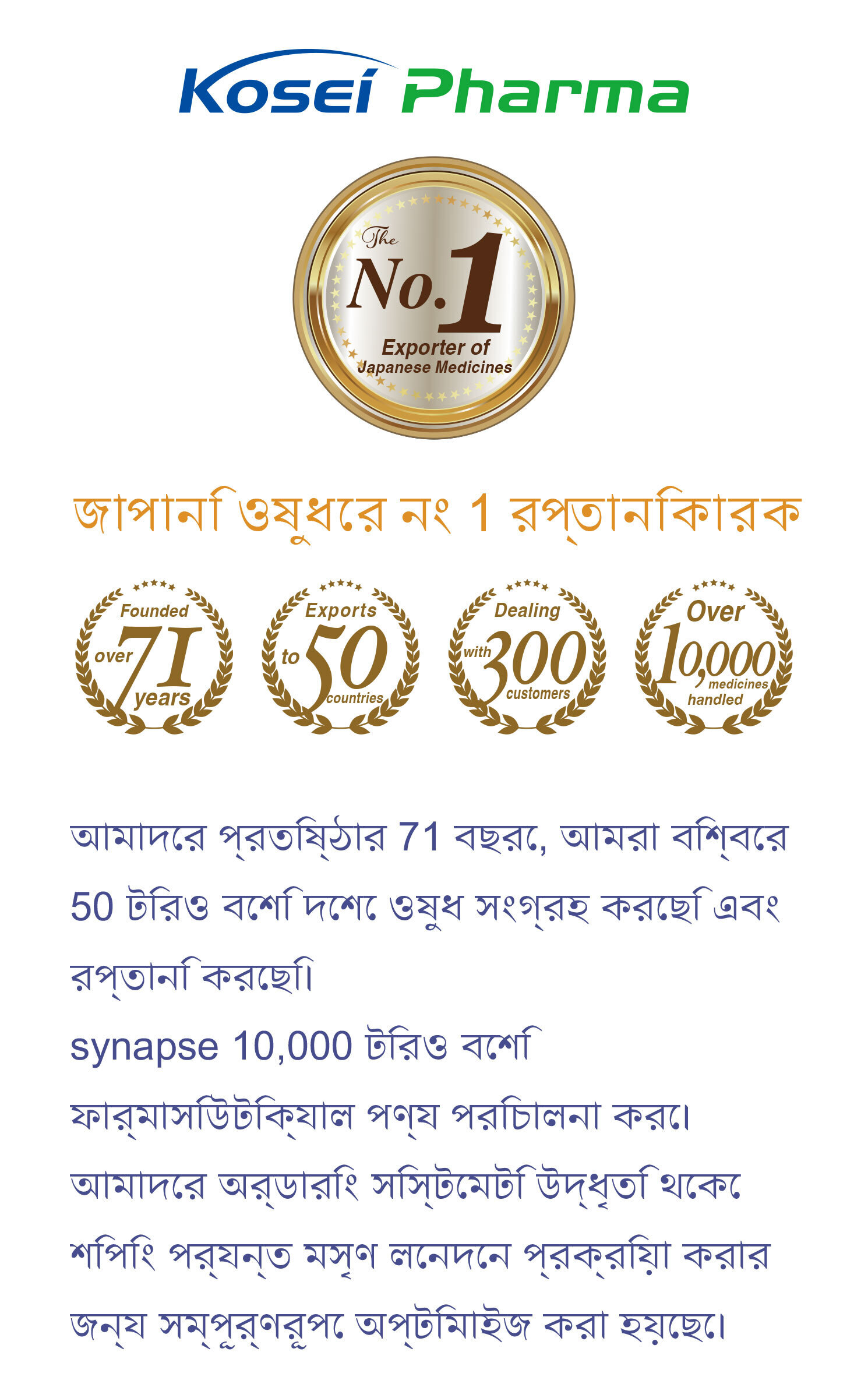 No.1 Exporter of Japanese Medicines.  In the 71 years since our establishment, we have accumulated and exported medicine to over 50 countries around the world. synapse handles more than 10,000 pharmaceutical products. Our ordering system is fully optimized to process smooth transactions, from quotation to shipping.