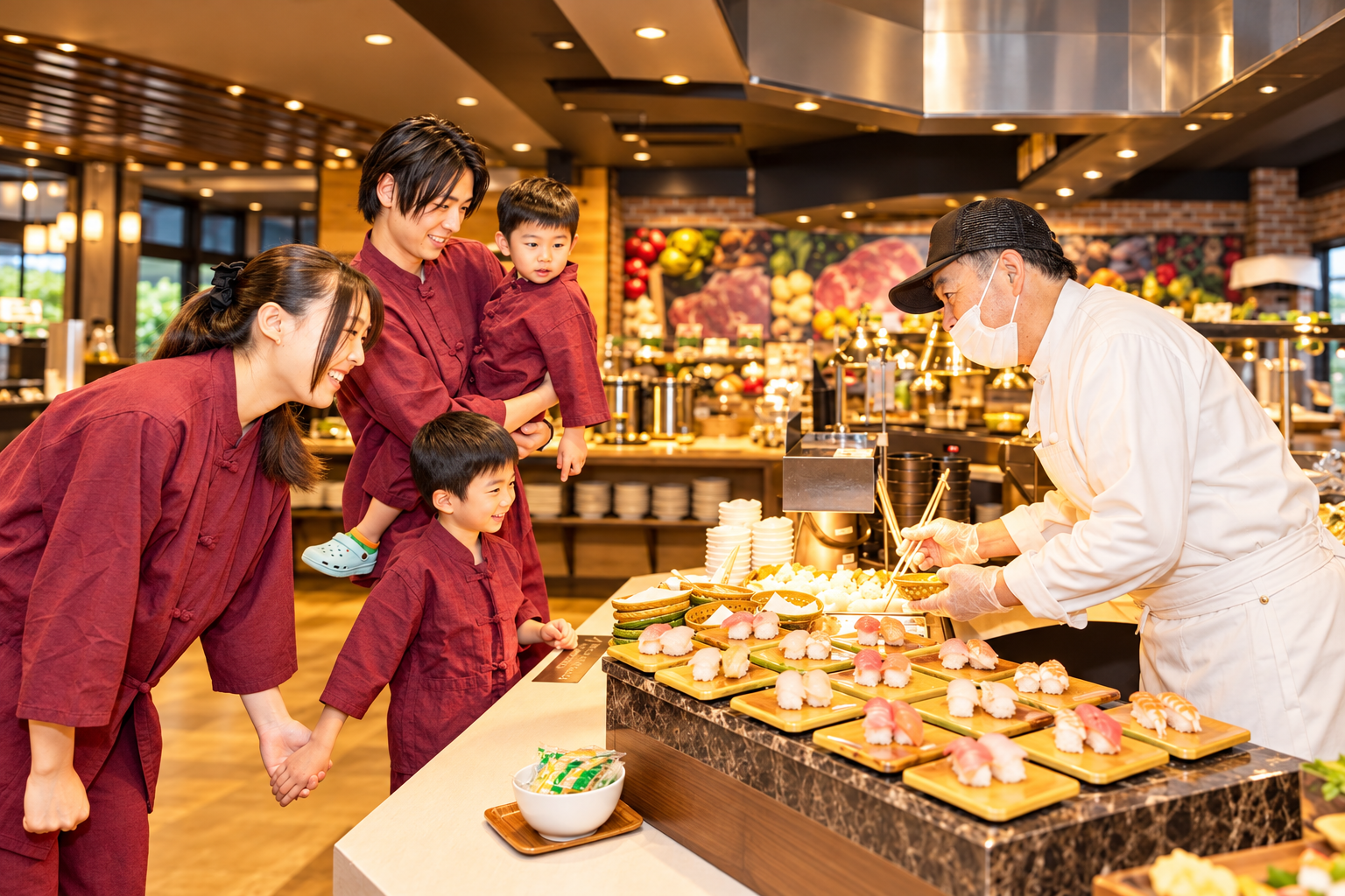 ライブキッチンで料理を楽しむ家族