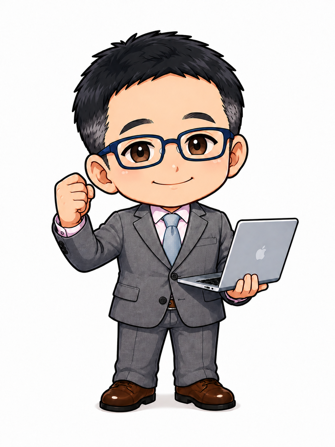 ノートPCを持ち、ガッツポーズをする総務部長ドットコムの担当者キャラクター