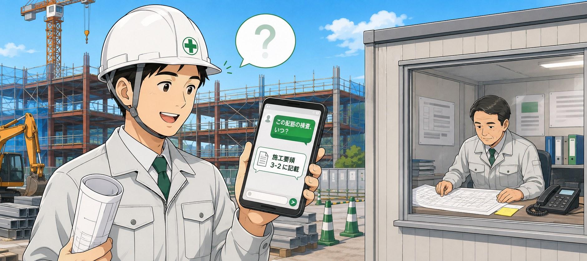現場でスマホに質問し、その場で答えを得ている若手の現場監督。奥の現場事務所では所長が電話に邪魔されず図面に集中している
