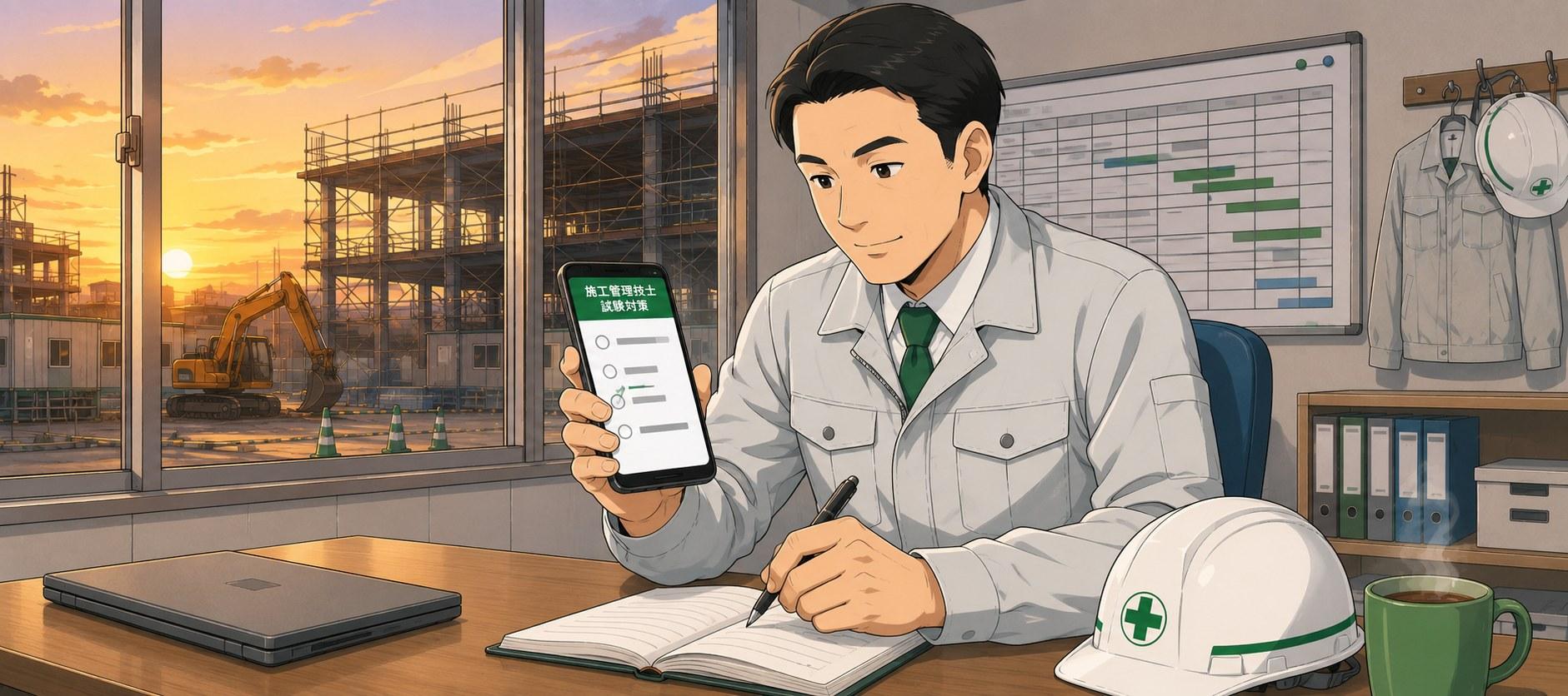 夕方の現場事務所で、スマホの施工管理技士 試験対策問題を解いている入社4年目以降の現場監督
