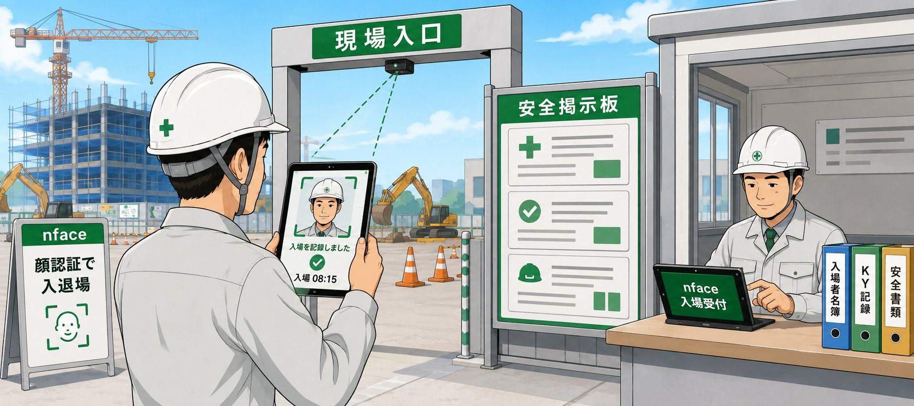 現場の入退場ゲートで、タブレットに顔をかざして入場する作業員。受付では監督がタブレットで入場者名簿・KY記録・安全書類を管理している