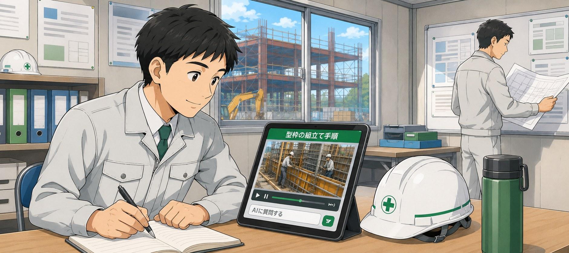 現場の詰所でタブレットの動画教材を見ながらノートにメモを取る若手監督。奥では先輩が別の打ち合わせをしている