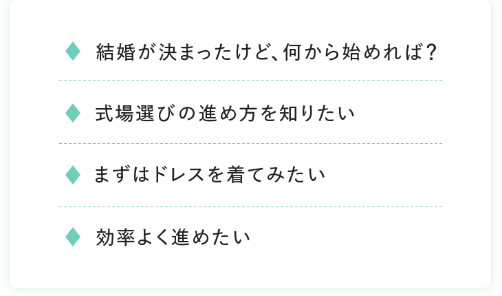 結婚が決まったけど、何から始めれば？｜式場選びの進め方を知りたい｜まずはドレスを着てみたい｜効率よく進めたい