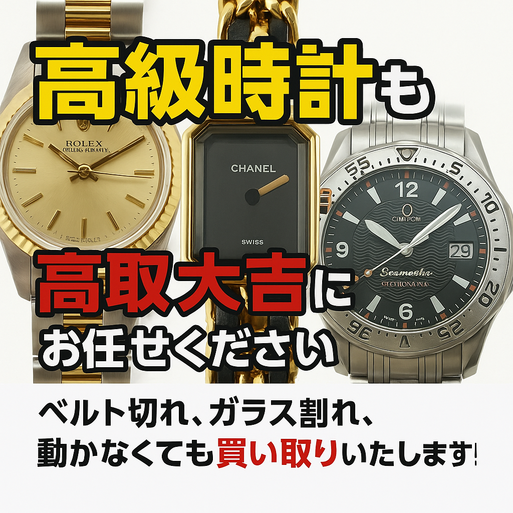 ブランド時計 高級時計も高価買取中！ こんな状態のものでもOK ガラス割れ リューズなし 壊れている 動かない ROLEX ロレックス BVLGARI ブルガリ Cartier カルティエ OMEGA オメガ BREITLING ブライトリング FRANCK MULLER フランクミュラー CHANEL シャネル TAG HEUER タグ・ホイヤー PANERAI パネライ HUBLOT ウブロ IWC SEIKO セイコーなど、ブランド時計は壊れていてもお買取りできます。 古いモデルも大歓迎ですので、ぜひ一度お持ちください！