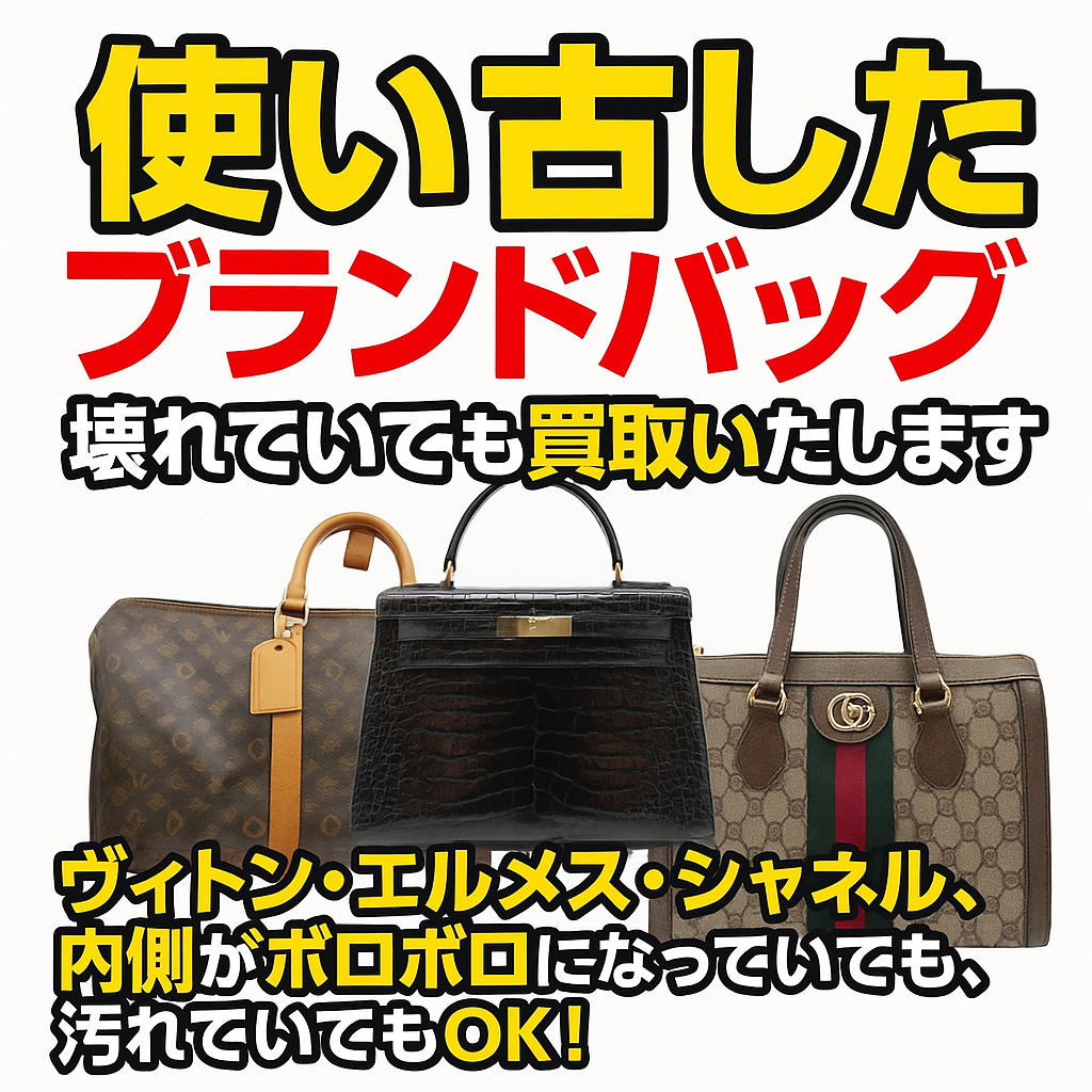 ブランド品 ブランド バッグ お持ち込み件数No.1。 こんな状態でも買い取れるんです。 生地が汚れている 10年前のバッグ 内側がボロボロ Louis Vuitton ルイヴィトン Hermès エルメス CHANEL シャネル Gucci グッチ PRADA プラダ FENDI フェンディ Dior ディオール CELINE セリーヌ Saint Laurent サンローラン LOEWE ロエベ BALENCIAGA バレンシアガ BOTTEGA  VENETA ボッテガヴェネタ Ferragamo フェラガモ BVLGARI ブルガリ COACH コーチなど、使わなくなったブランド品はございませんか？ 古くても大丈夫です。