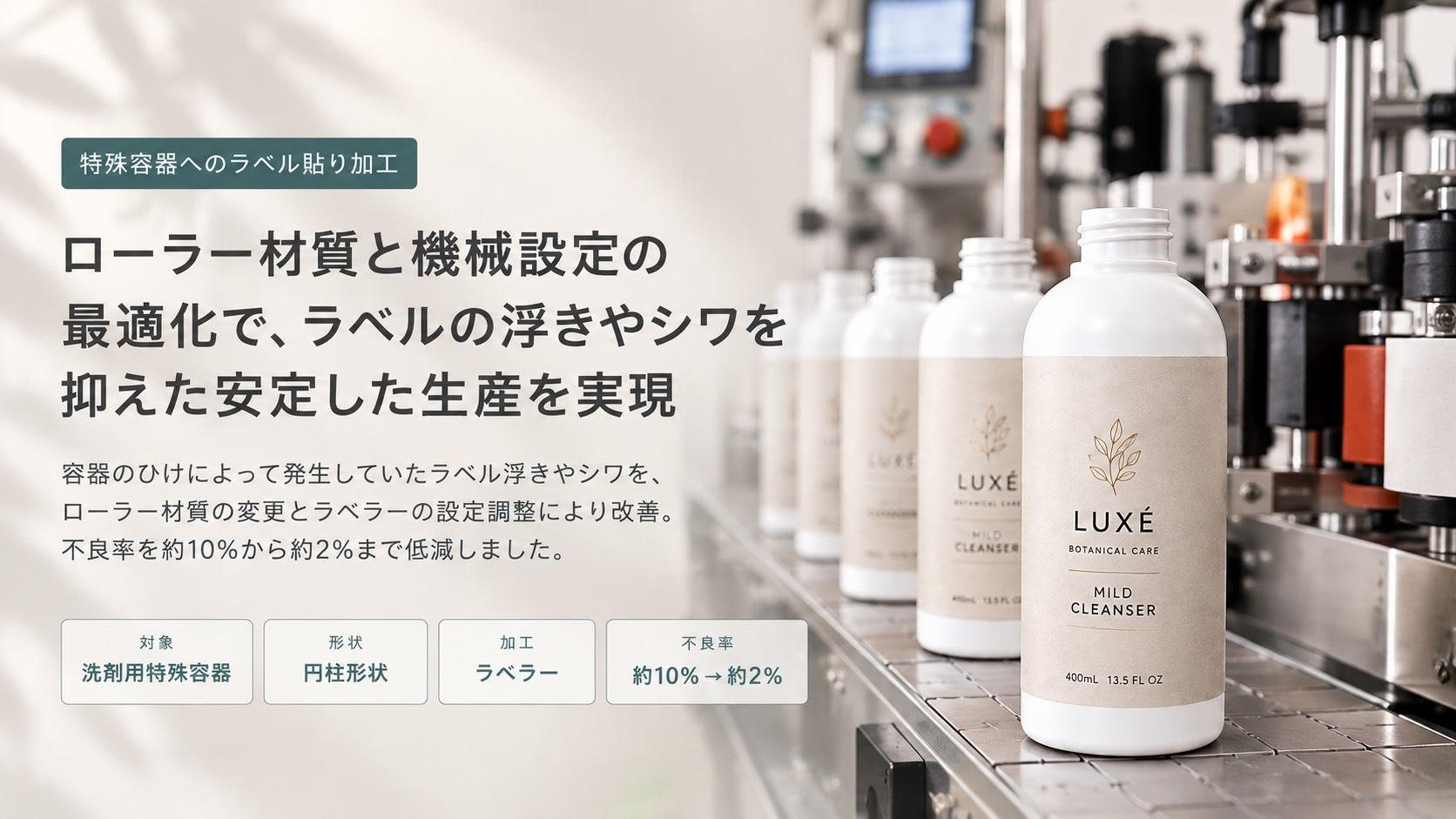洗剤用の円柱形状特殊容器へデザインラベルを貼り付けた完成品
