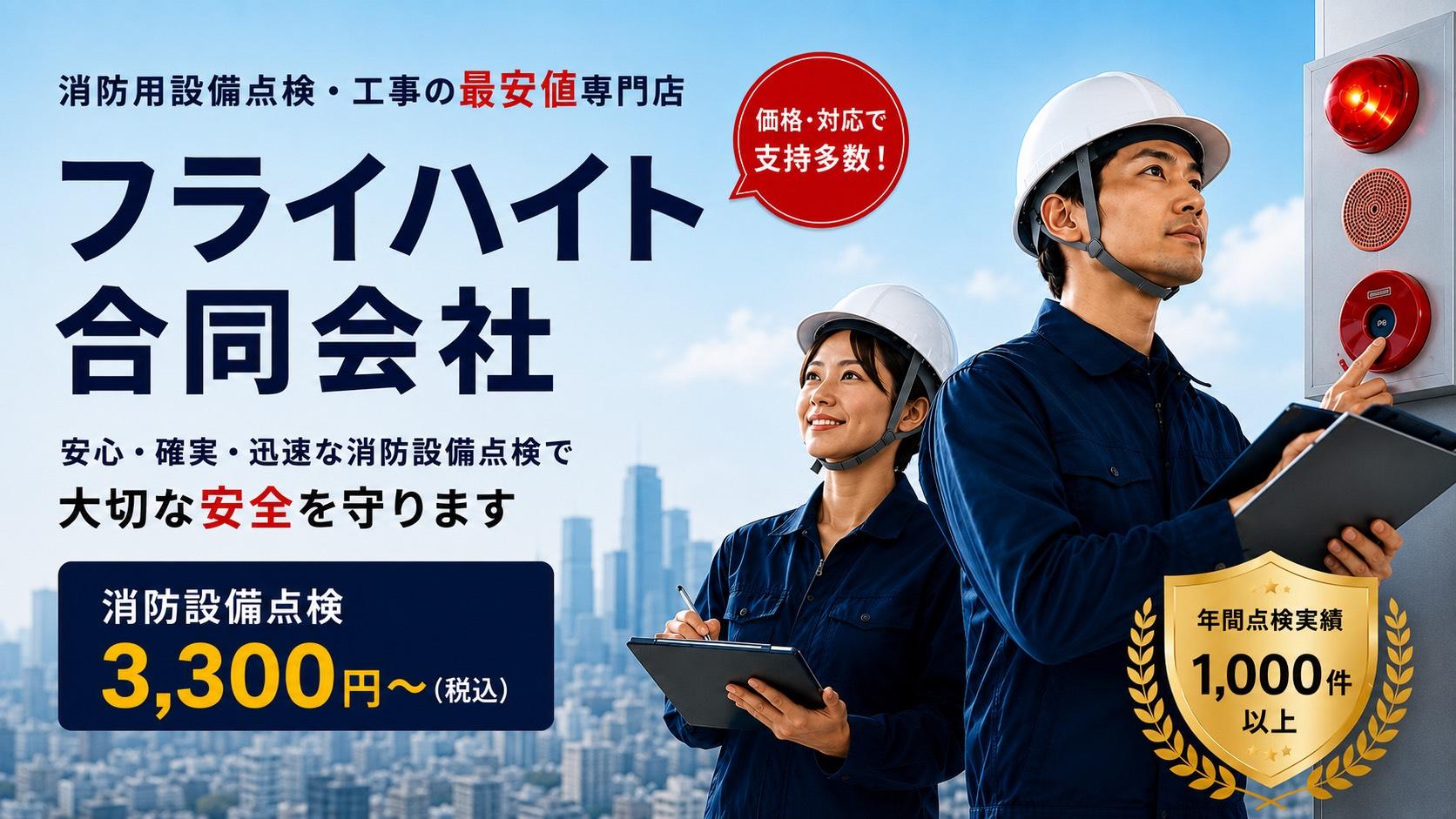 大阪の消防設備点検・消防設備工事ならフライハイト合同会社。消防設備点検3,300円（税込）～、激安・安い価格で迅速対応。消防設備保守・消防署提出・店舗・マンション・工場・オフィス・民泊まで対応。出張見積無料。