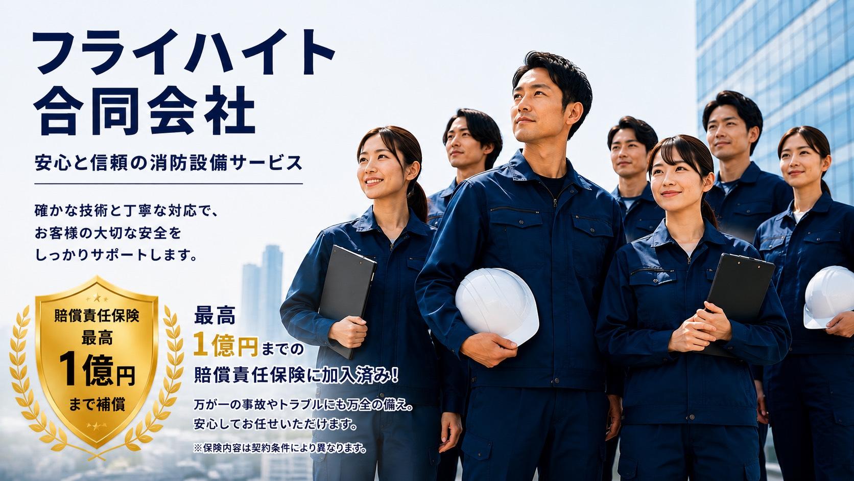消防設備点検・消防設備工事ならフライハイト合同会社。最高1億円まで補償の賠償責任保険に加入し、店舗・マンション・工場・オフィス・ホテル・旅館・民泊・介護施設・商業施設・ビル・倉庫・不動産管理会社・ビルメンテナンス会社の消防設備点検・消防設備工事・消防設備保守・消防署提出までワンストップ対応。大阪・京都・兵庫・奈良・滋賀・和歌山を中心に関西エリア全域対応、全国対応もご相談ください。