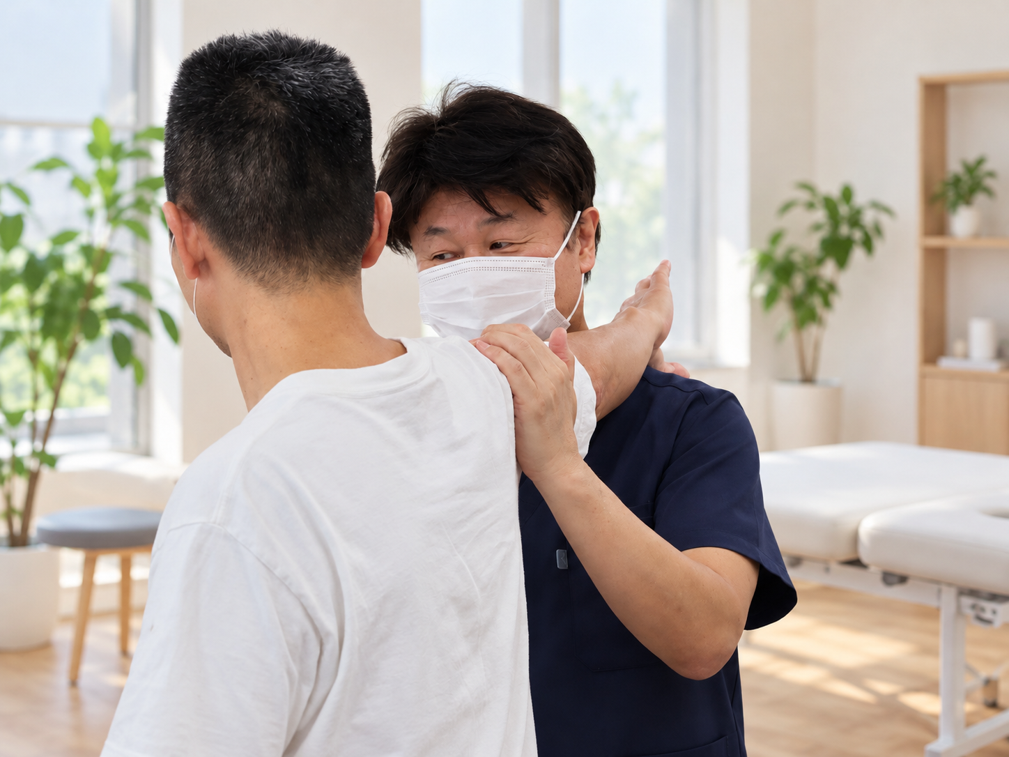 肩と腕の状態を確認する施術風景