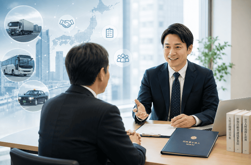 自動車運送事業者と行政書士がオフィスで相談している様子。背景にはトラック・バス・タクシーなどの自動車運送業をイメージしたビジュアルが配置され、外国人ドライバーの雇用を専門家が支援するイメージを表現している。