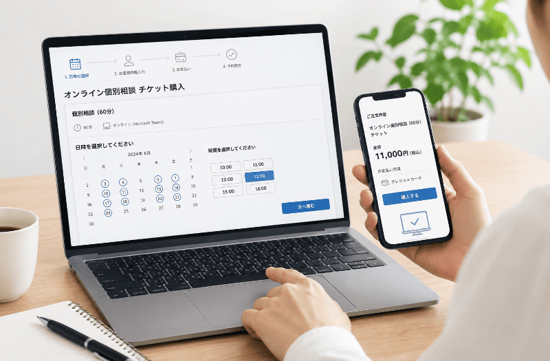 パソコンとスマートフォンを使って、オンライン個別相談のチケットを購入している様子。料金や相談日時を確認しながら、オンラインで手続きを進めているイメージ。