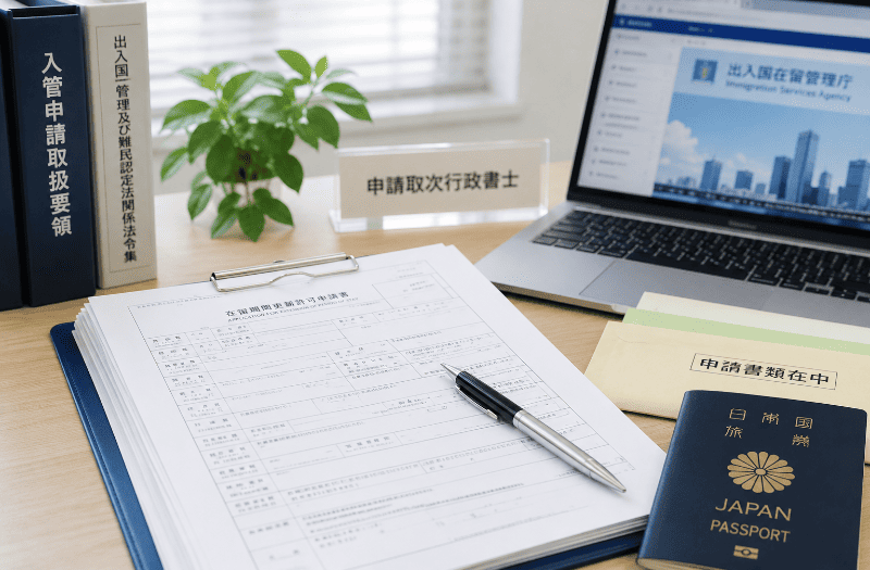 在留期間更新許可申請書、パスポート、申請書類、ノートパソコンなどを机上に配置した、行政書士による入管申請サポートのイメージ画像。