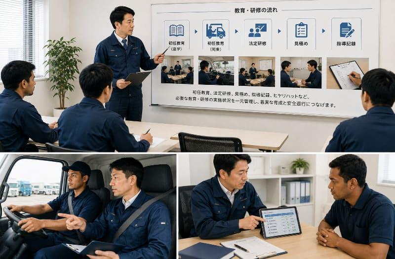 特定技能外国人ドライバーに対して、日本人指導員が座学研修・同乗指導・教育記録の確認を行う様子。教育・研修の実施から記録管理までをイメージした画像。
