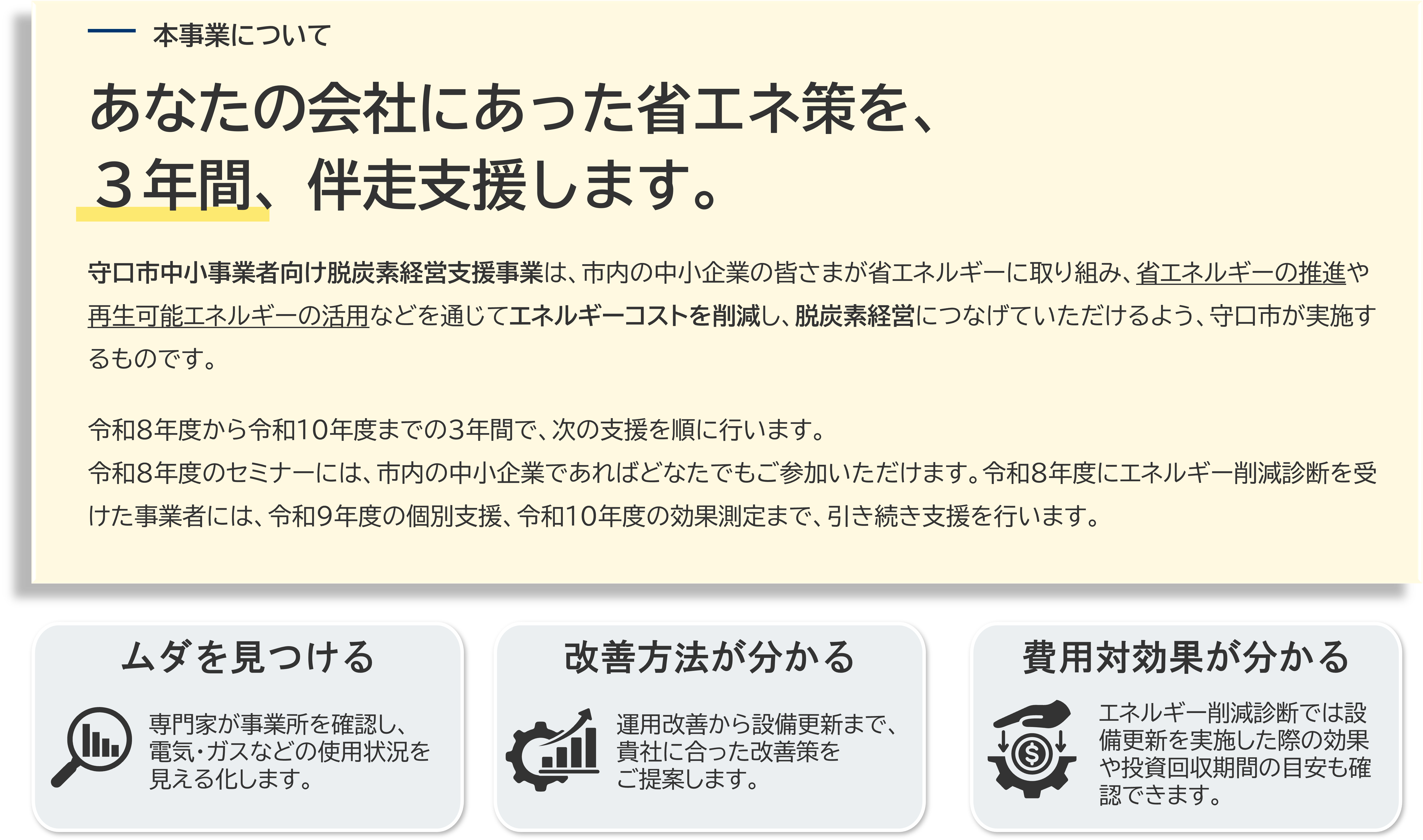 本事業について　あなたの会社にあった省エネ策を、3年間伴走支援します。守口市中小事業者向け脱炭素経営支援事業は、市内の中小企業の皆さまが省エネルギーに取り組み、省エネルギーの推進や再生可能エネルギーの活用などを通じてエネルギーコストを削減し、脱炭素経営につなげていただけるよう、守口市が実施するものです。 令和8年度から令和10年度までの3年間で、次の支援を順に行います。令和8年度のセミナーには、市内の中小企業であればどなたでもご参加いただけます。令和8年度にエネルギー削減診断を受けた事業者には、令和9年度の個別支援、令和10年度の効果測定まで、引き続き支援を行います。　ムダを見つける：専門家が事業所を確認し、 電気・ガスなどの使用状況を見える化します。改善方法が分かる：運用改善から設備更新まで、貴社に合った改善策をご提案します。　費用対効果が分かる：エネルギー削減診断では設備更新を実施した際の効果や投資回収期間の目安も確認できます。