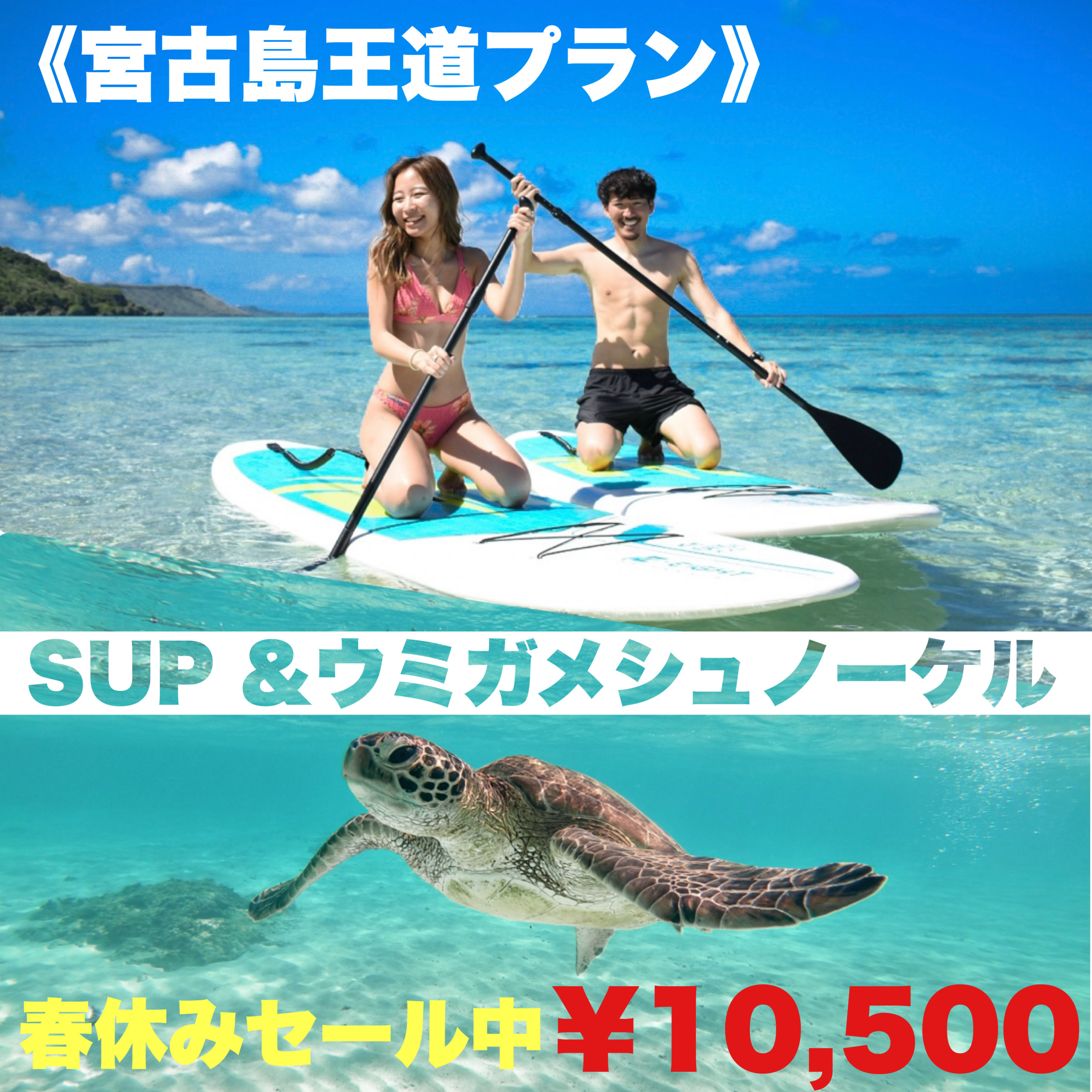 宮古島王道プラン》SUP＆ウミガメシュノーケル｜追加料金ナシ