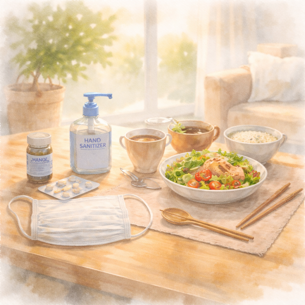 日常の中で慎重さが残り、整えた環境がそのまま続いているような静かな水彩画のイラスト