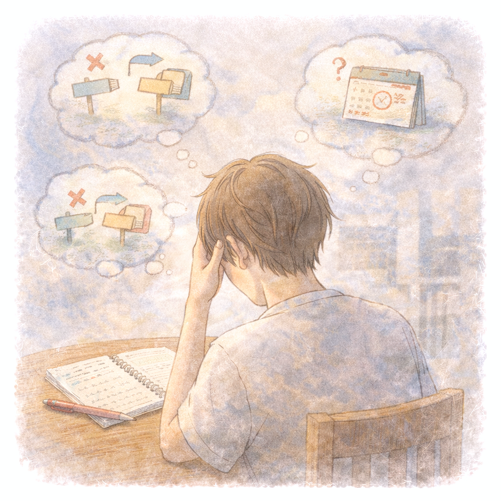 判断を重ねても頭の中で考えが終わらず、整理しきれない状態を表した水彩画のイラスト