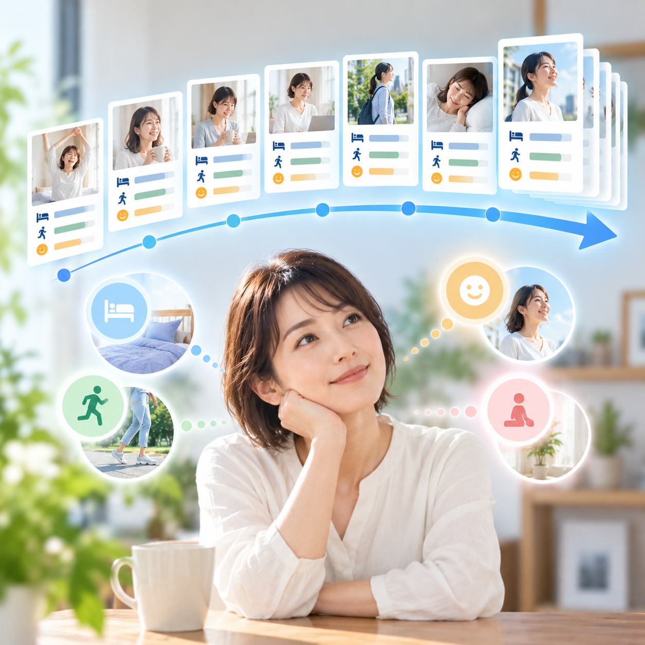 本人感覚・睡眠・活動などの日々の記録が時間軸で蓄積されていくイメージ