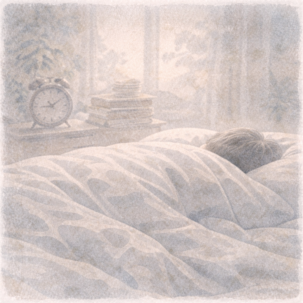 布団に包まれた静かな時間が流れているものの、変化が起きているかは分からない余白のある場面