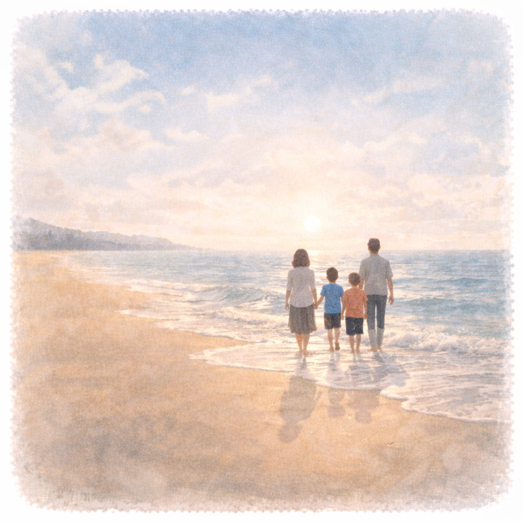 海辺を歩く家族の後ろ姿を遠くから描いた、明るく静かな水彩画風のイラスト