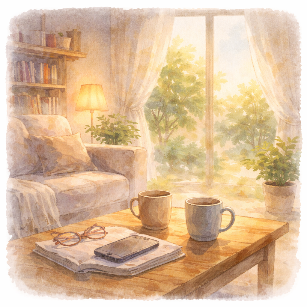 落ち着いた室内の空間を水彩画風で描いたイラスト。身近な人の不安やパニック症にどう関わればよいか、静かに考える時間を表している