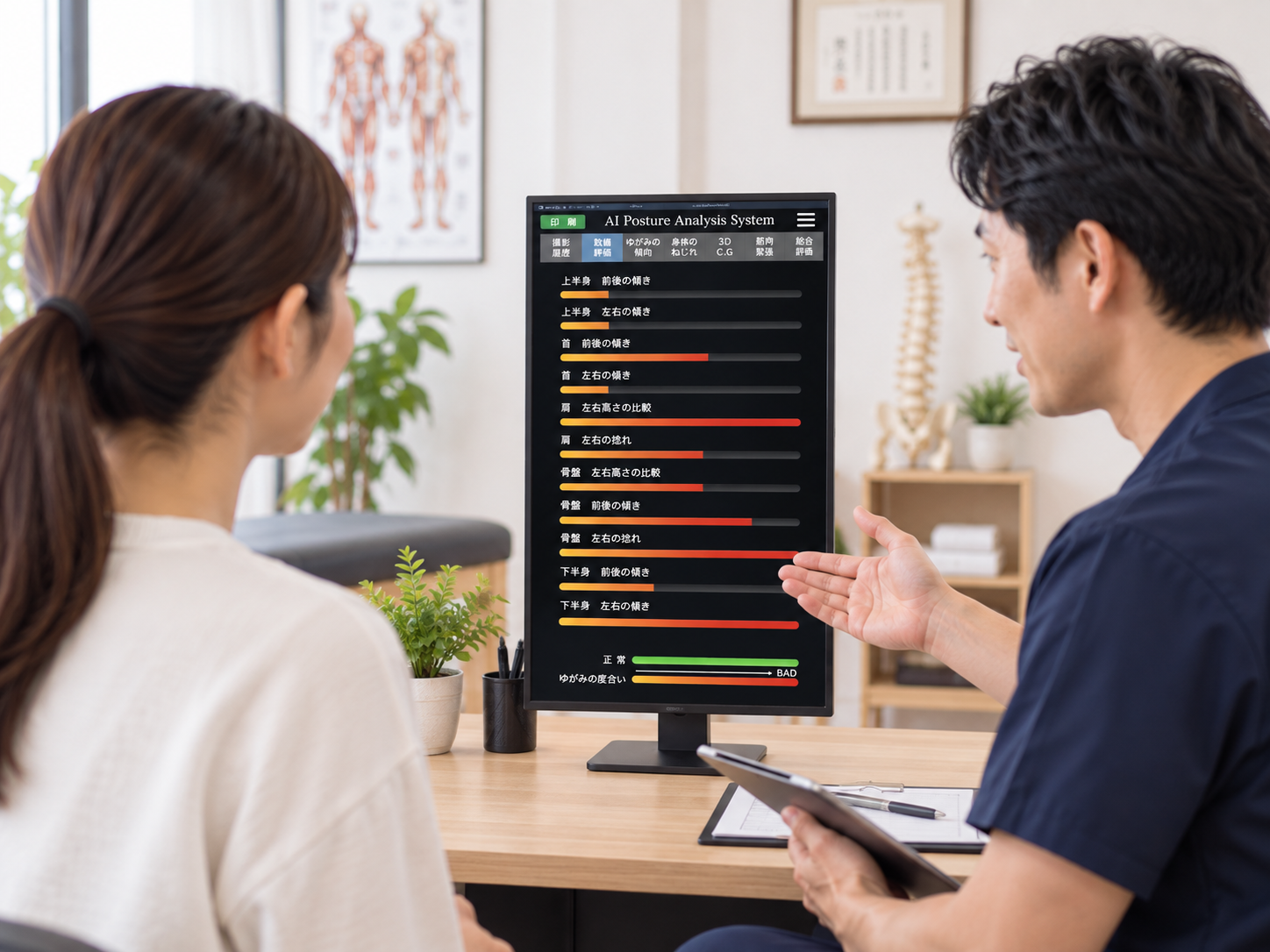CONNECT AIで記録した身体情報を施術家とクライアントが確認している様子