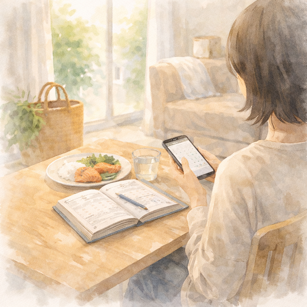 日常の中で立ち止まり、選び方を考えている余地が感じられる水彩画のイラスト