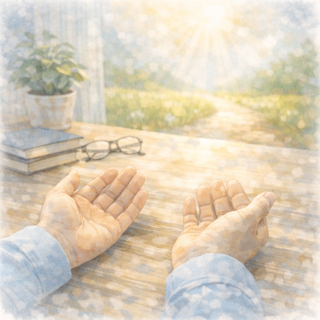 パニック症の回復が始まる段階で、力が抜けていく様子を手元のイメージで描いた水彩画風イラスト