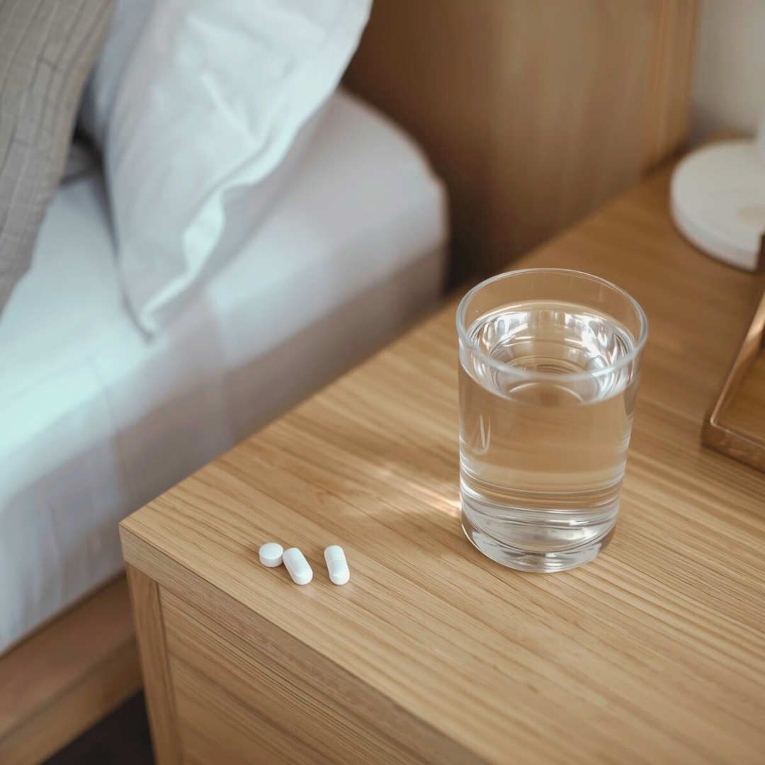 パニック症の不安を抱える日常で、薬と水が生活を支えている様子