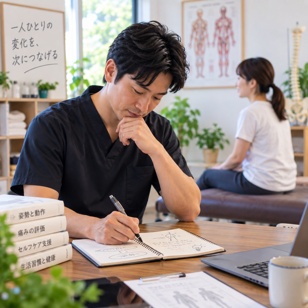 施術院での気づきをノートに書き留める施術家