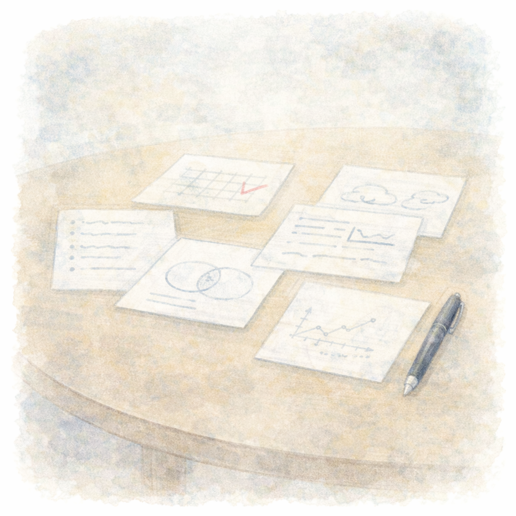 状態や生活の状況を一緒に整理し、判断材料を見直していく姿勢を、水彩画で静かに表現したイラスト