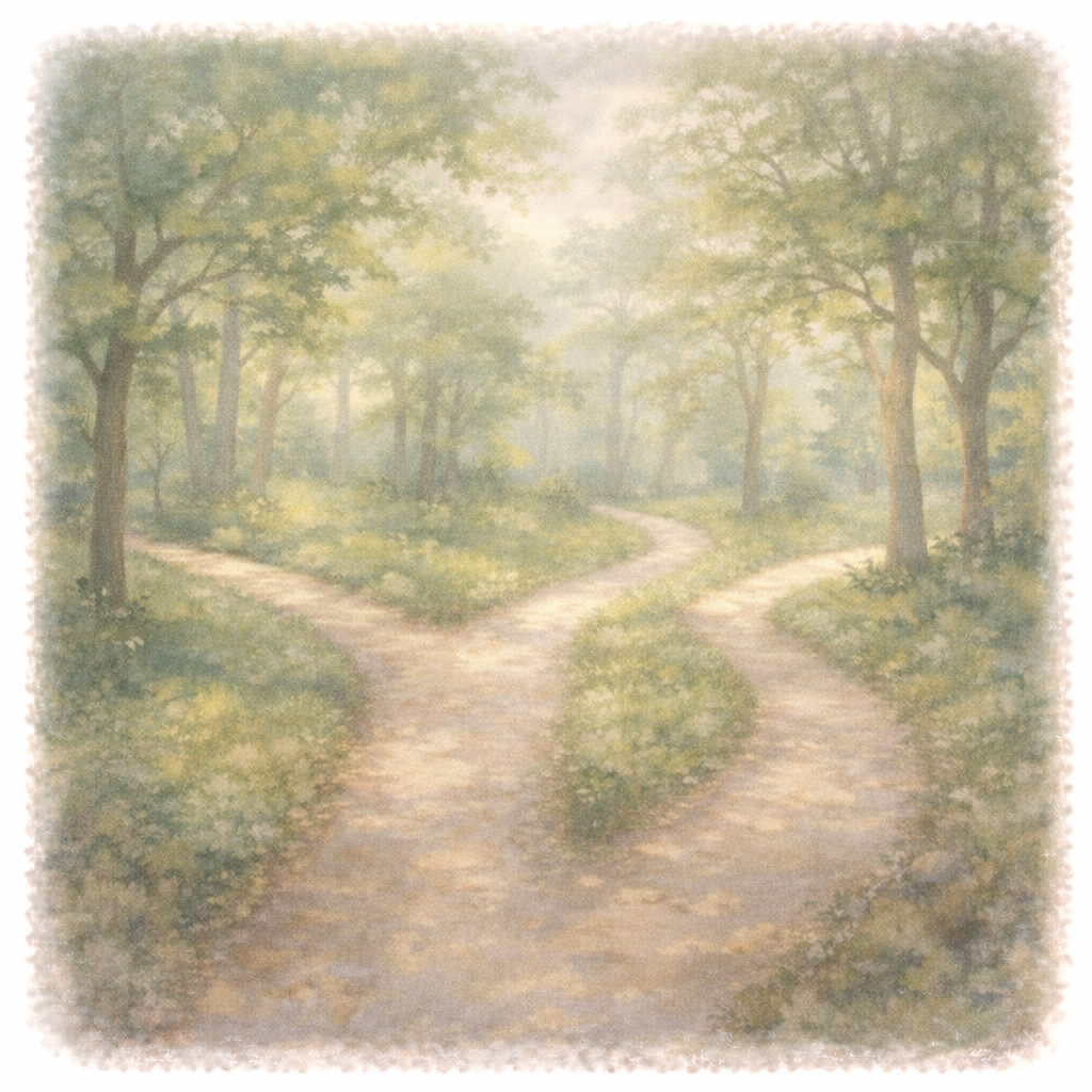 いくつかの道がゆるやかに分かれ、立ち止まって選べる余地がある空間を描いた水彩画風イラスト