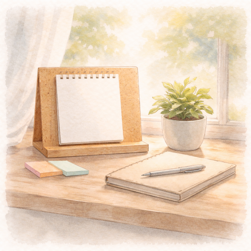 決めたり急いだりせず、話や気持ちを一度置いて静かに眺められる場を象徴的に描いた水彩画風のイラスト