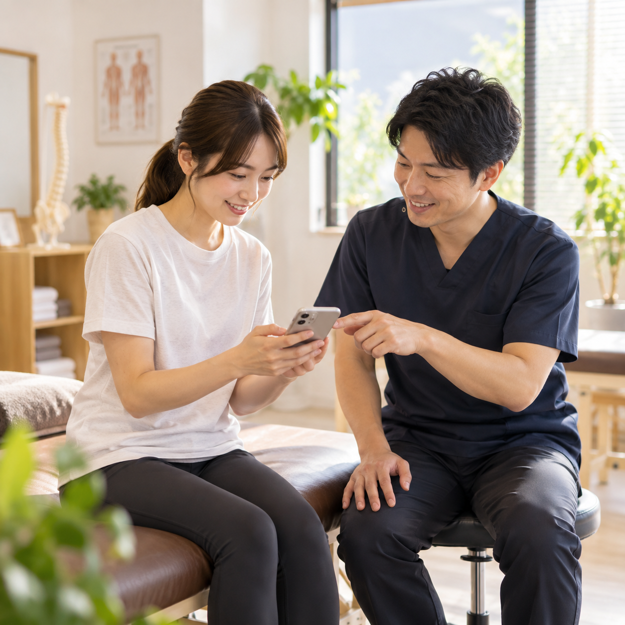 いつもの施術環境でクライアントのスマートフォンを使い、施術家と日々の記録を一緒に確認する様子