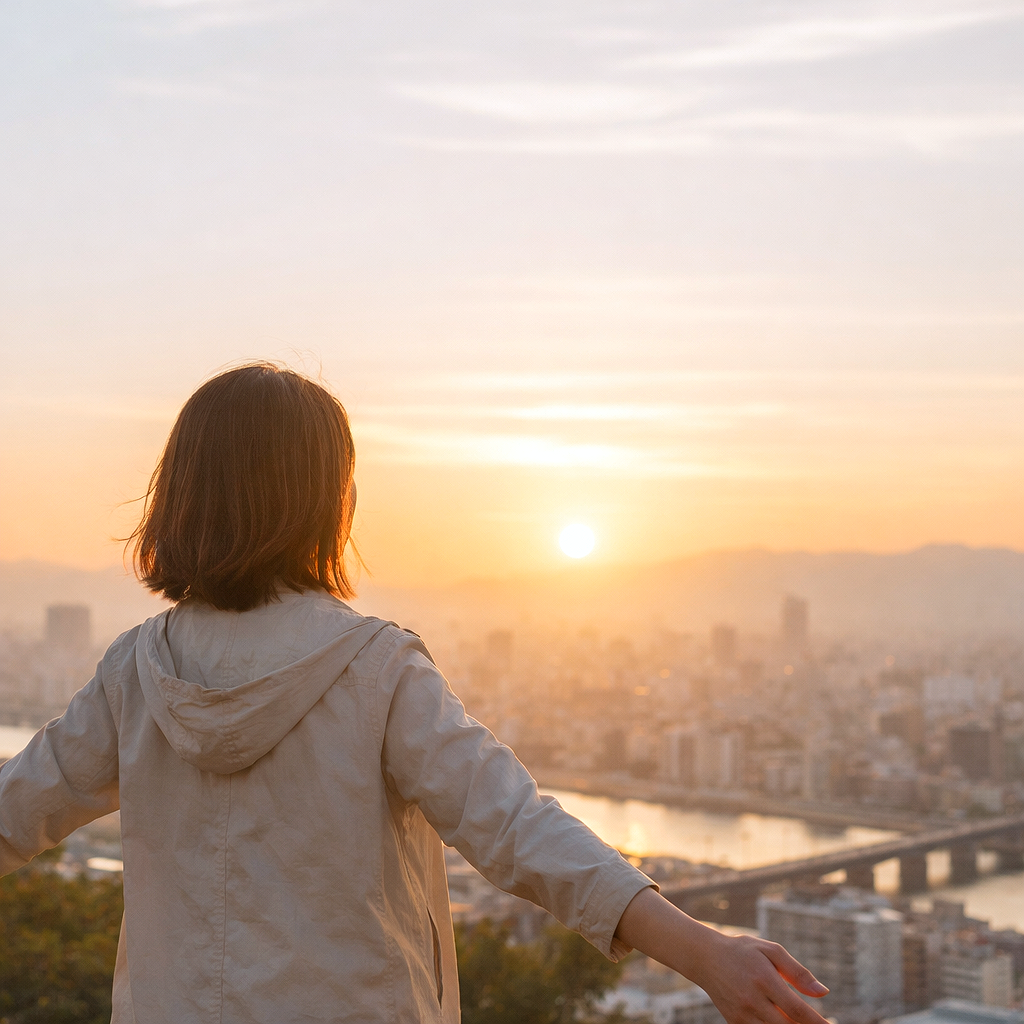 朝日を背に街を見つめる日本人女性の後ろ姿。パニック発作やパニック症から回復へ進む未来を表すイメージ。