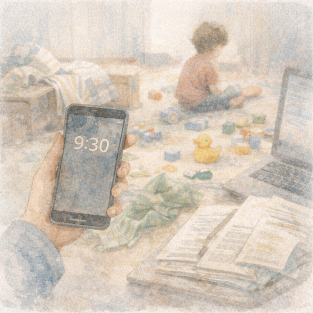 日常の用事や気がかりが重なり、落ち着く余地が少なくなっているように感じられる生活の一場面